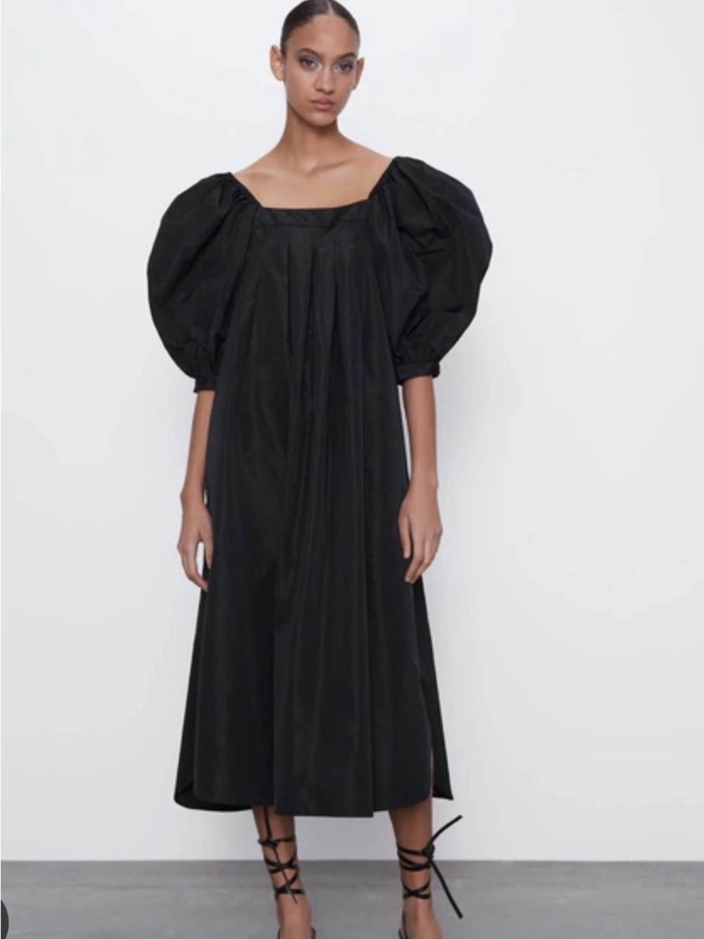 Zara Black Puff-Sleeve Square-Neck Midi Dress